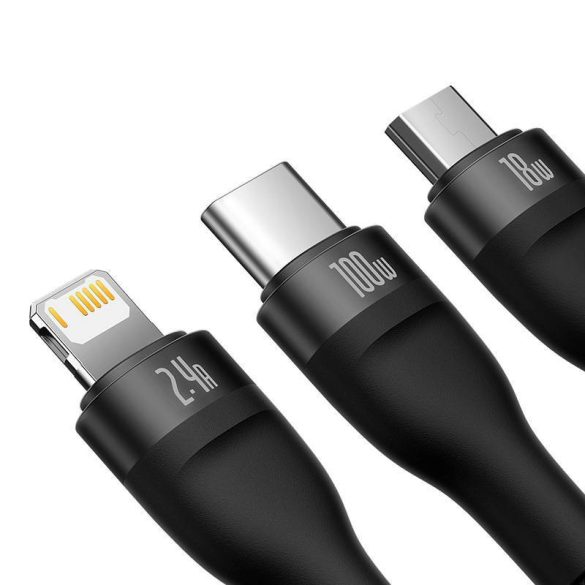 Baseus Flash Series 3 az 1-ben USB-kábel, USB-C + micro USB + Lightning, 100W, 1.2m (fekete)