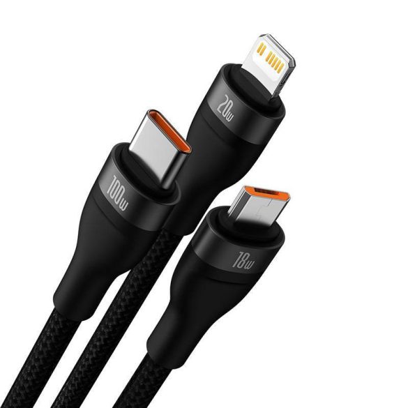 Baseus Flash Series 2, 3 az 1-ben USB kábel, USB-C / Micro USB / Lightning, 100W, 1.2m (fekete)
