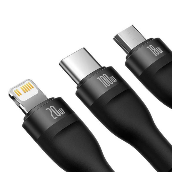 Baseus Flash Series 2, 3 az 1-ben USB kábel, USB-C / micro USB / Lightning, 100W, 1.5m (fekete)