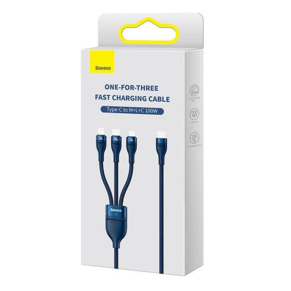 Baseus Flash Series 2, 3 az 1-ben USB kábel, USB-C / micro USB / Lightning, 100W, 1.5m (kék)