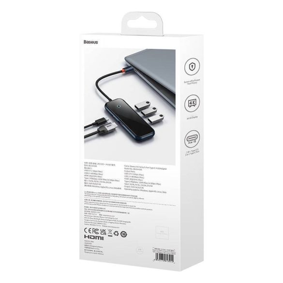 Baseus AcmeJoy 5 az 1-ben Hub, USB-C - 2xUSB 3.0, USB 2.0, USB-C PD, HDMI (sötétszürke)