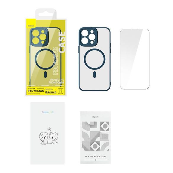 Baseus Frame iPhone 14 Pro Max Átlatszó mágneses tok + üvegfólia (kék)