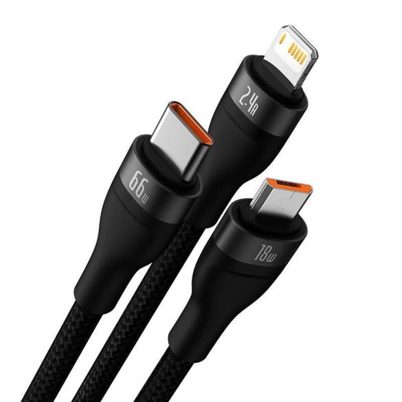 Baseus Flash II 3 az 1-ben USB töltőkábel, USB-C + micro USB + Lightning, 66W, 1.2m (fekete)