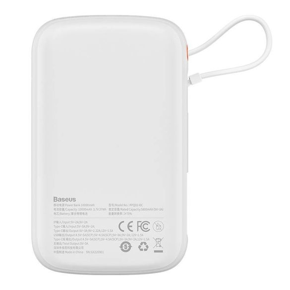 Powerbank Baseus Qpow PRO kábellel, 10000mAh, 22.5W (fehér)