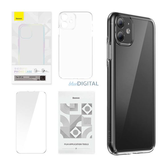 Baseus Crystal Series Tok iPhone 11-hez (Átlátszó) + Edzett üveg + Tisztítókészlet