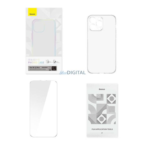 Baseus Crystal Series iPhone 12 Pro tok (átlátszó) + edzett üveg + tisztító készlet