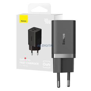 Fali töltő Baseus GaN5 40W, 2x USB C (fekete)