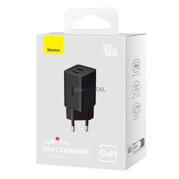 Fali töltő Baseus GaN5 40W, 2x USB C (fekete)