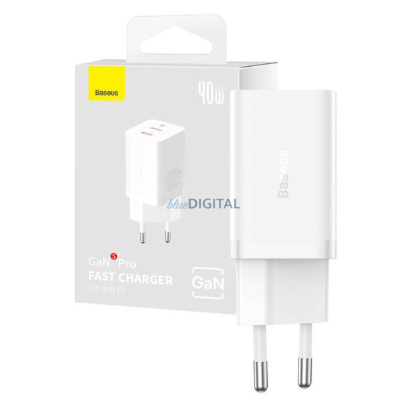 Fali töltő Baseus GaN5 40W, 2x USB C (fehér)