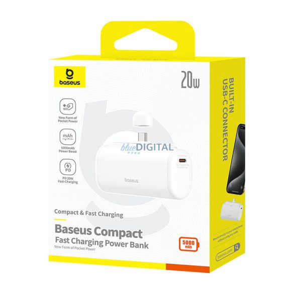 Baseus Compact PlugOn powerbank beépített Type-C csatlakozóval 5000mAh 20W - fehér