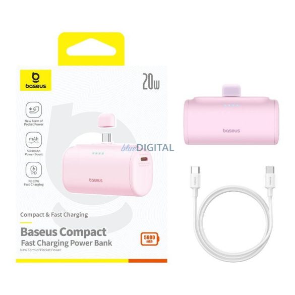 Baseus Compact PlugOn powerbank beépített Type-C csatlakozóval 5000mAh 20W - rózsaszín