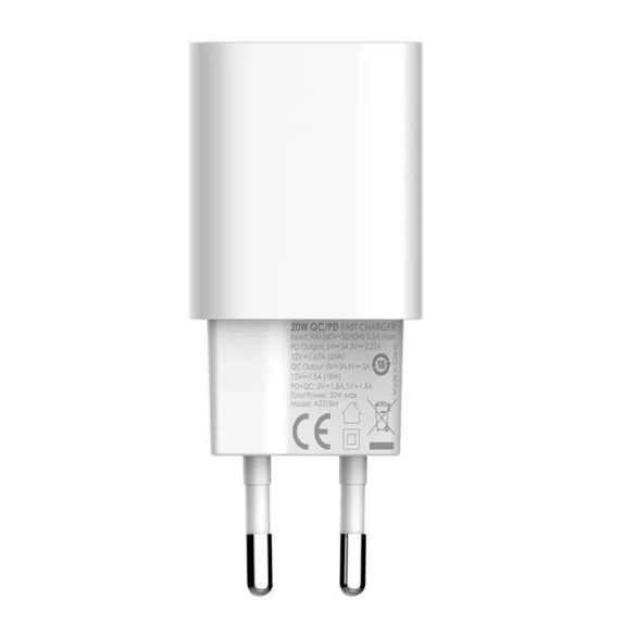 LDNIO A2318M hálózati töltő 1xUSB-A és 1xUSB-C csatlakozóval és Type-C - Lightning kábellel max. 20W fehér