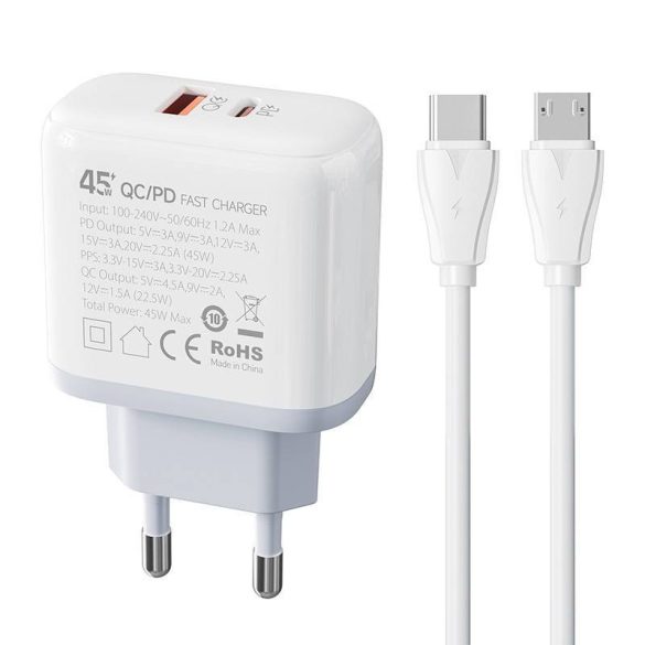 LDNIO A2526C hálózati töltő 1xUSB-A és 1xUSB-C csatlakozóval és USB-A - microUSB kábellel max. 45W fehér