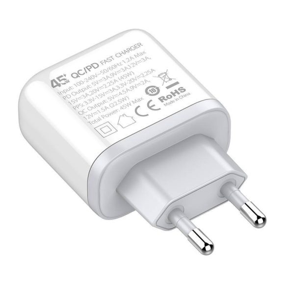 LDNIO A2526C hálózati töltő 1xUSB-A és 1xUSB-C csatlakozóval és USB-A - microUSB kábellel max. 45W fehér