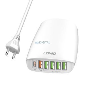 LDNIO A6573C EU 5USB, USB-C 65W fali töltő + hálózati kábel