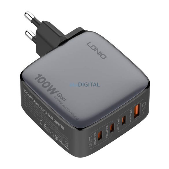 LDNIO Q408 hálózati töltő 1xUSB-A és 3xUSB-C csatlakozással 100W - fekete