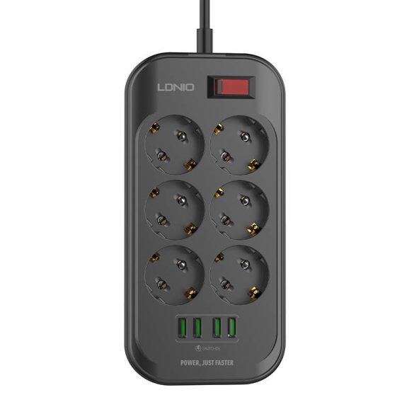 Power strip 6 AC konnektorral, 4x USB, LDNIO SE6403, 2m (fekete)