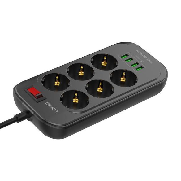 Power strip 6 AC konnektorral, 4x USB, LDNIO SE6403, 2m (fekete)