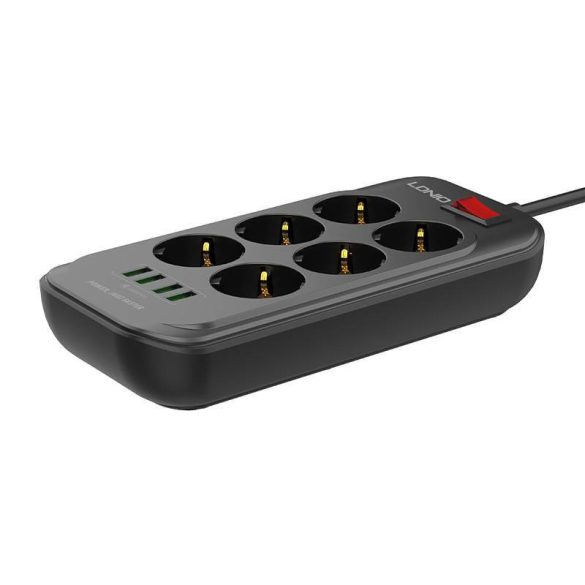 Power strip 6 AC konnektorral, 4x USB, LDNIO SE6403, 2m (fekete)