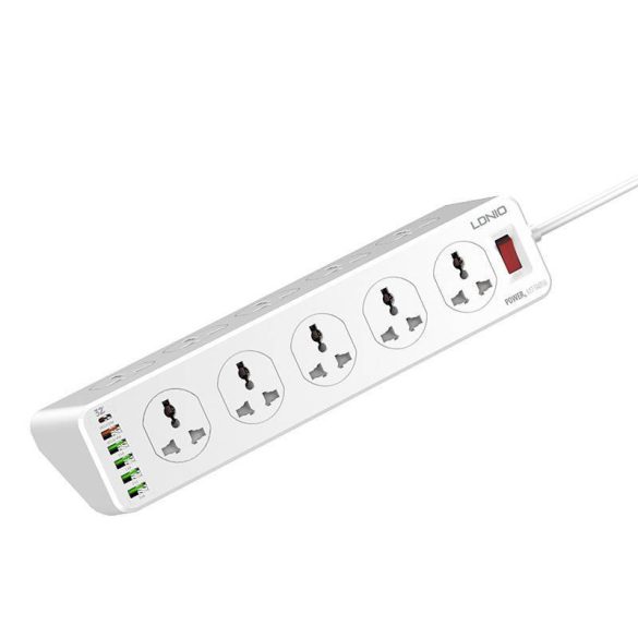 LDNIO SC10610 hálózati csatlakozó 10 AC csatlakozóval, 5x USB, 1x USB-C, 2500W, 2m (fehér)