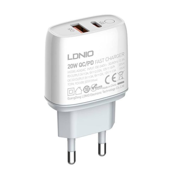 LDNIO A2424C hálózati töltő 1xUSB-A és 1xUSB-C csatlakozóval max. 20W fehér