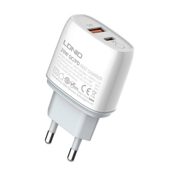 LDNIO A2424C hálózati töltő 1xUSB-A és 1xUSB-C csatlakozóval max. 20W fehér