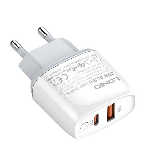 LDNIO A2424C hálózati töltő 1xUSB-A és 1xUSB-C csatlakozóval max. 20W fehér