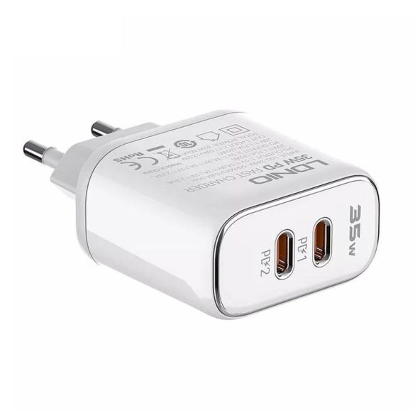 LDNIO A2528M hálózati töltő 2xUSB-C csatlakozóval és Type-C - Type-C kábellel max. 35W fehér