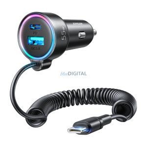 Joyroom JR-CL07 autós töltő 1xUSB-A és 1xUSB-C csatlakozással és rögzített Type-C kábellel PD 55W - fekete