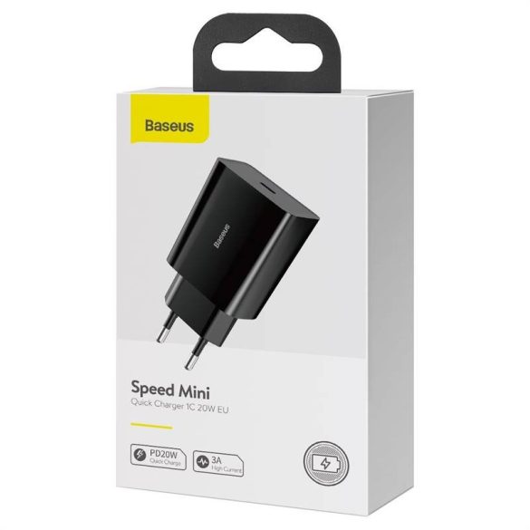 Baseus speed mini gyorstöltő, USB + USB-C, PD, 3A, 20 W (fekete)