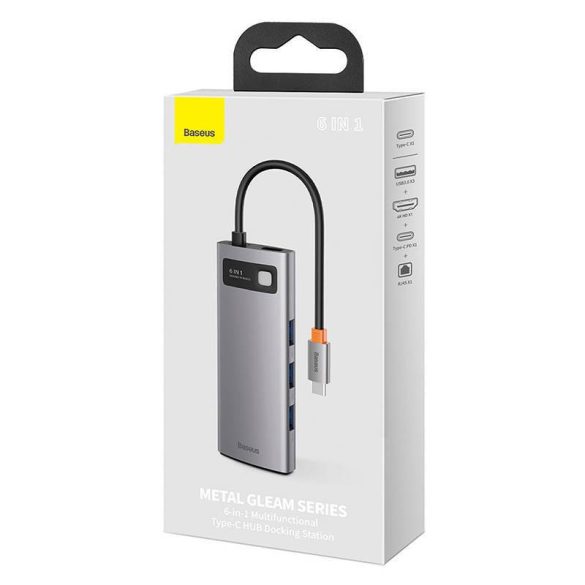 Baseus Metal Gleam sorozat 6 az 1-ben hub, USB-C - 3x USB 3.0 + HDMI + USB-C PD + Ethernet RJ45