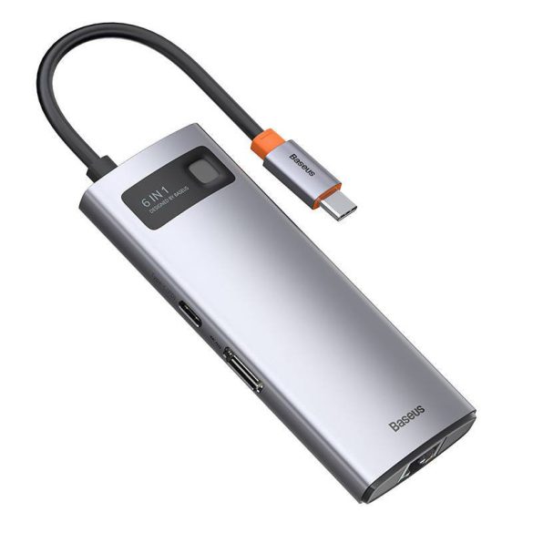 Baseus Metal Gleam sorozat 6 az 1-ben hub, USB-C - 3x USB 3.0 + HDMI + USB-C PD + Ethernet RJ45
