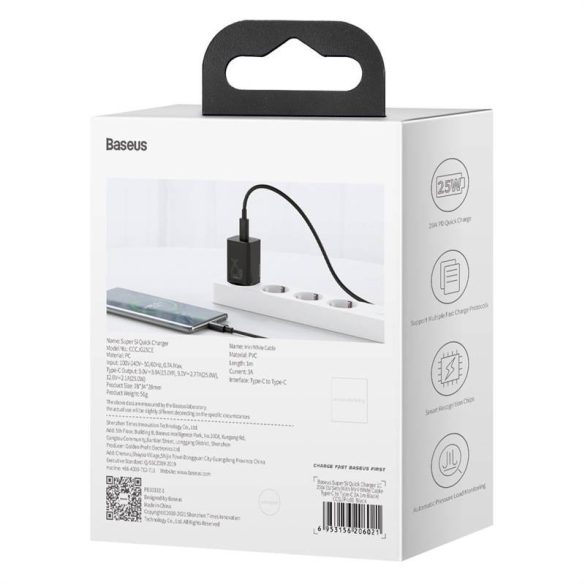 Baseus Super Si 1C 25W gyorstöltő adapter 1 m-es USB-C-USB-C kábellel (fekete)