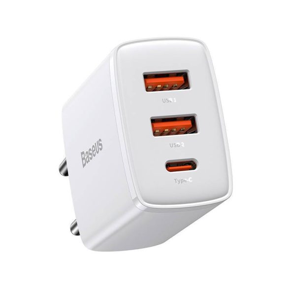 Baseus kompakt gyorstöltő, 2xUSB, USB-C, PD, 3A, 30 W (fehér)