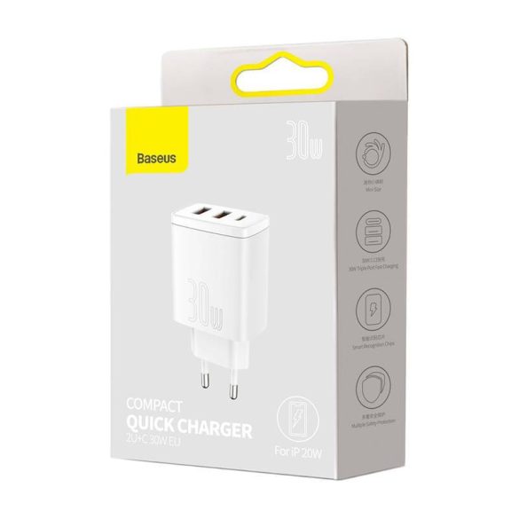 Baseus kompakt gyorstöltő, 2xUSB, USB-C, PD, 3A, 30 W (fehér)