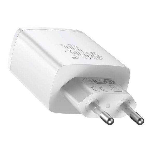 Baseus kompakt gyorstöltő, 2xUSB, USB-C, PD, 3A, 30 W (fehér)