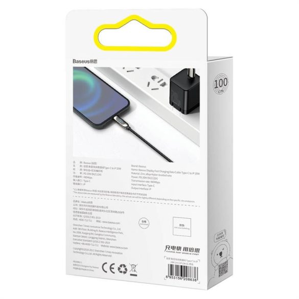 USB-C-Lightning Baseus kijelzőkábel, PD, 20 W, 1 m (fekete)