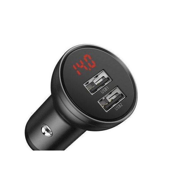 Baseus autós töltő kijelzővel, 2x USB, 4.8A, 24W (szürke)