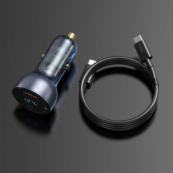 Baseus Particular Digital Display autós töltő kijelzővel, USB + USB-C, QC3.0 + PD, 5A, 65 W (szürke) + USB-C kábel 1 m 100 W (fekete)