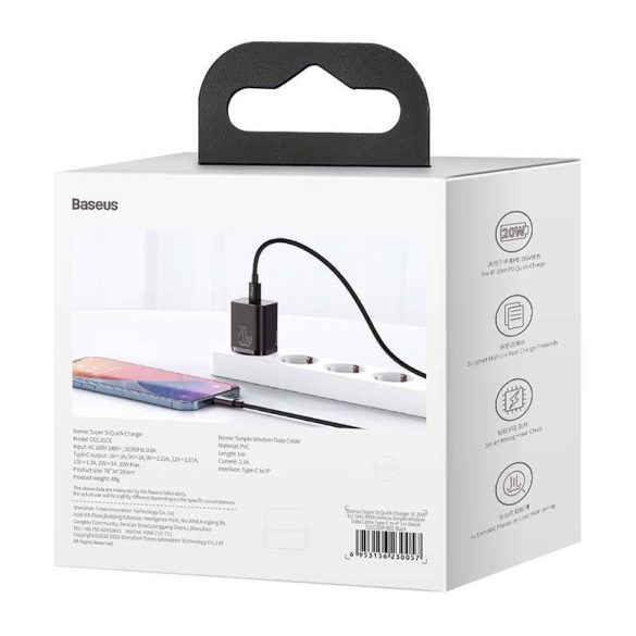 Baseus Super Si gyorstöltő 1C 20W adapter1 m-es USB-C-Lightning kábellel (fekete)