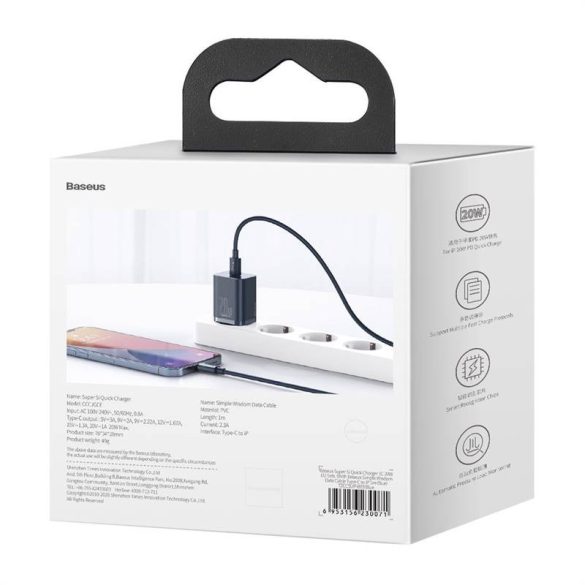 Baseus Super Si Quick Charger 1C 20W fali töltő 1 m-es USB-C-villámkábellel (kék)