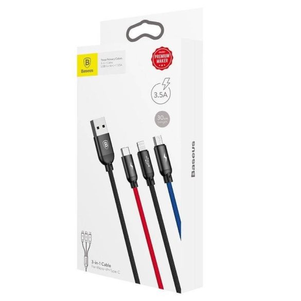 Baseus 3 az 1-ben USB-C / Lightning / Micro USB kábel 3,5A 0,3 m (fekete)