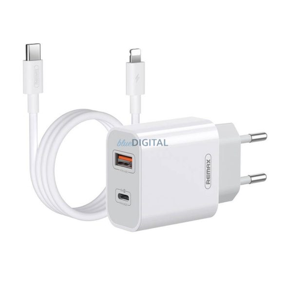 Fali töltő Remax, RP-U68, USB-C, USB, 20W (fehér) + Lightning kábel