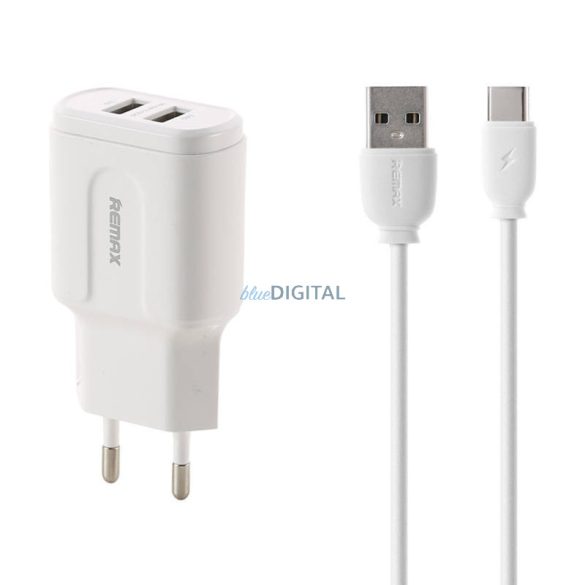 Fali töltő Remax, RP-U22, 2x USB, 2,4A (fehér) + USB-C kábel