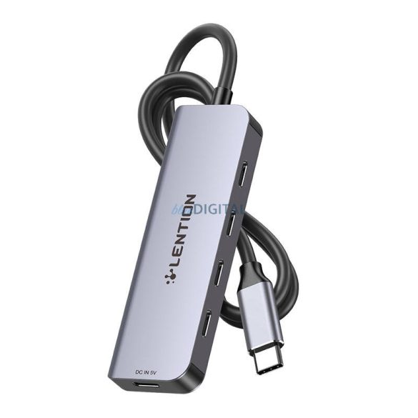 Lention 5 az 1-ben USB hub USB-C - 4x USB-C 5Gbps + USB-C 5V-IN 15W (szürke)