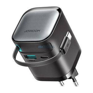 Joyroom TCL02 hálózati töltő 1xUSB-A és 1xUSB-C csatlakozással és visszahúzható Type-C kábellel 65W GaN - fekete