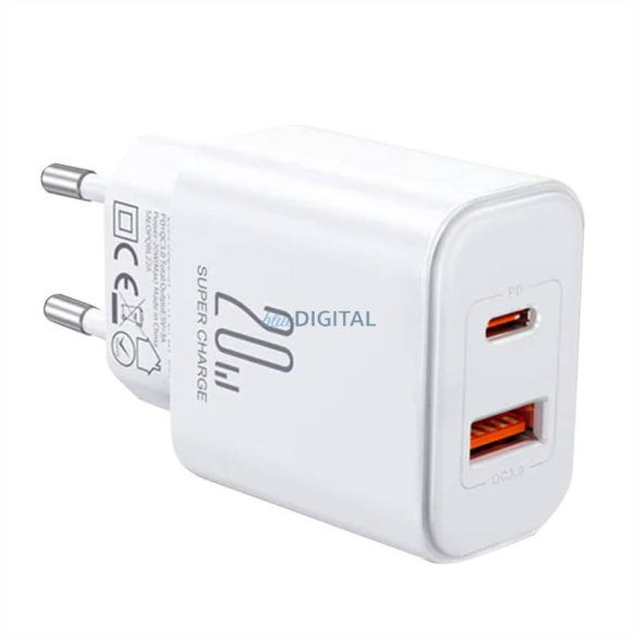 Joyroom JR-TCF05 Flash hálózati töltő 1xUSB-A és 1xUSB-C csatlakozással 20W - fehér