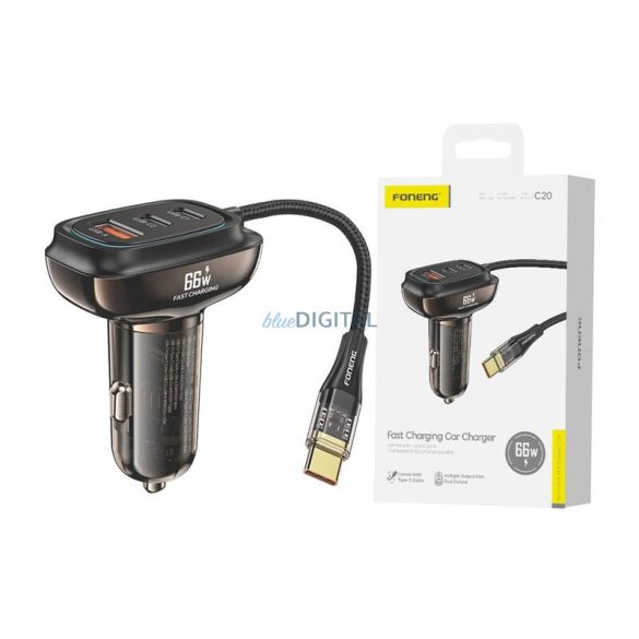 Foneng C20 autós töltő 1xUSB-A és 2xUSB-C csatlakozással + rögzített Type-C kábellel 66W PD3.0 QC3.0 - barna