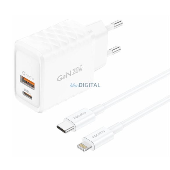 Foneng EU56 hálózati töltő 1xUSB-A és 1xUSB-C csatlakozással és Type-C- Lightning kábellel 20W - fehér