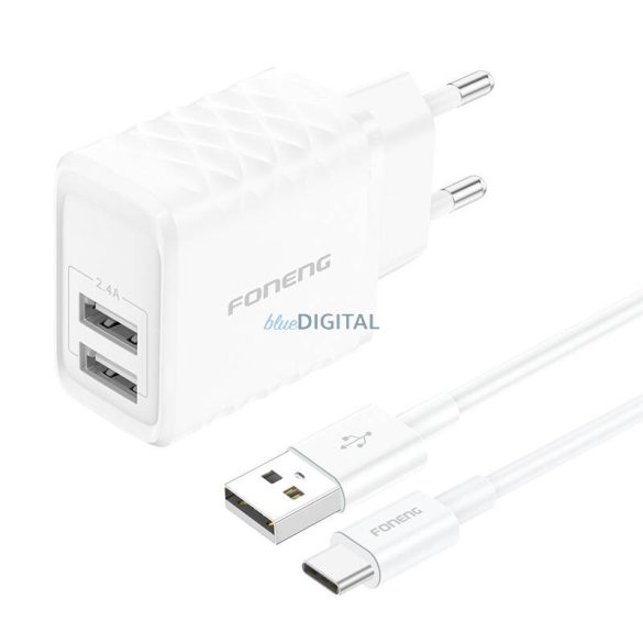 Foneng EU53 hálózati töltő 2xUSB-A csatlakozással és USB-A - Type-C kábellel 2.4A - fehér